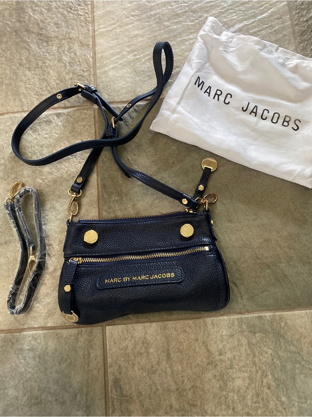 Marc Jacobs Navy Blue Pebbled Leather Crossbody with Gold Hardware